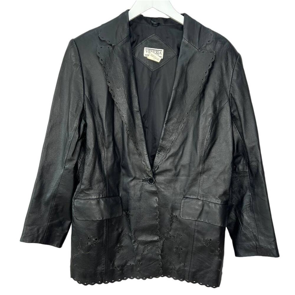Vintage Venezia Vitale Lazer Cut Eyelet Leather Jacket Black Size XL Womens